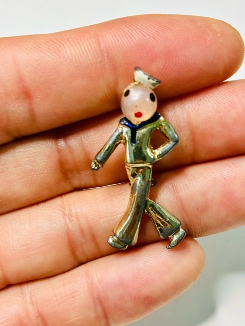 VTG WW2 Sailor Figure Enamel & Gold-Tone Pin with Pearl Head Collectible